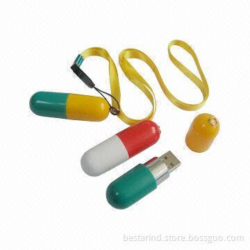 Promotional pill-shaped USB flash drive, customized colors/packing ways accepted, lanyard attached